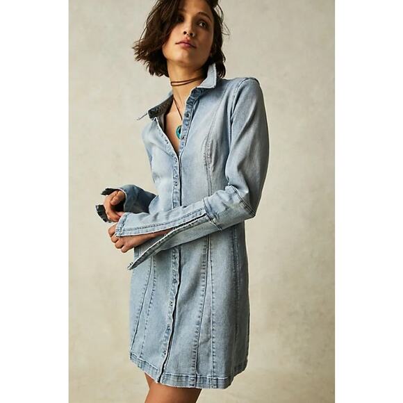 Free People Dresses & Skirts - Free People THEA Denim Snap Front Mini Dress in Bleachout Blue Size XS NWOT $148